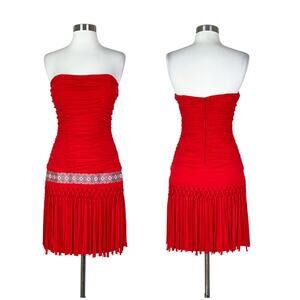 Baby Phat | Y2K Vintage Red Ruched Strapless Boho Fringe Bodycon Mini Dress XL